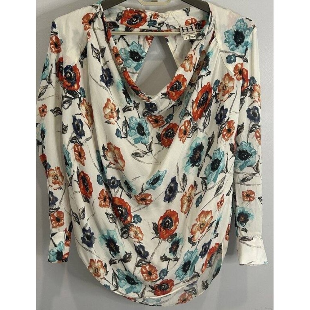 Haute Hippie 100% Silk White Floral Long Sleeve Back Cutout Drape Neck Shirt S